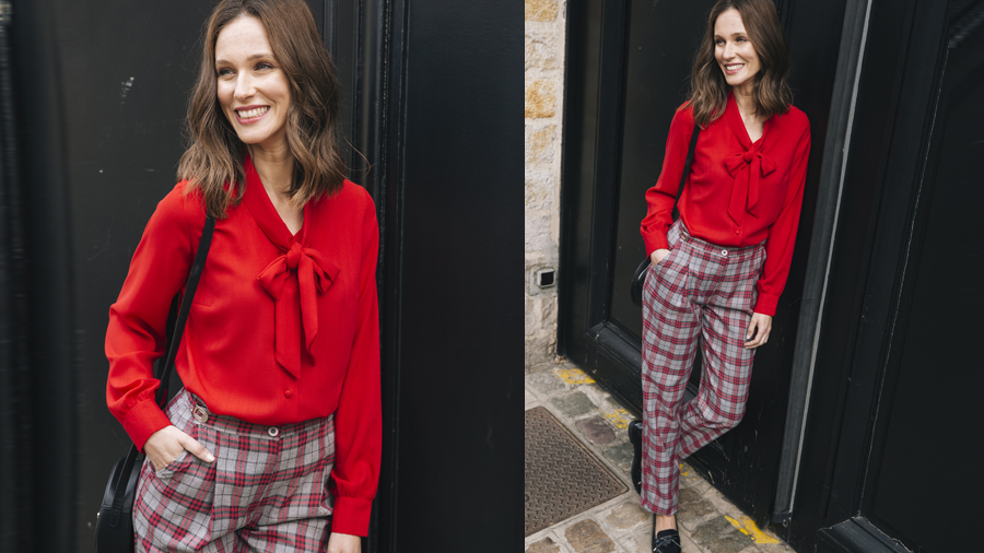 blouse and check trousers