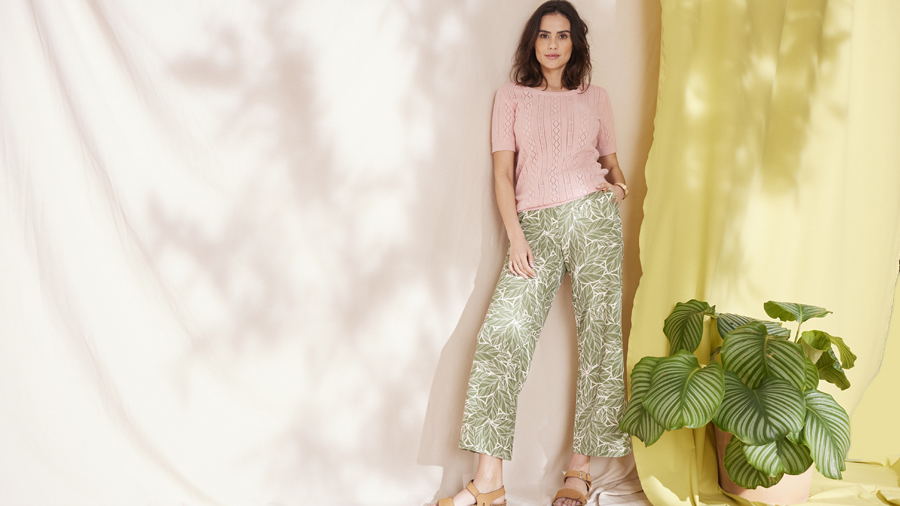 short sleeved jumper and botanical print trousers
