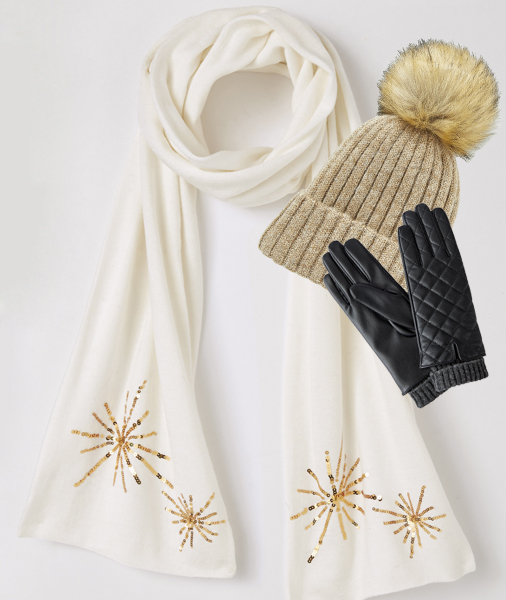 Sequin detail scarf with bobble hat and leather look gloves