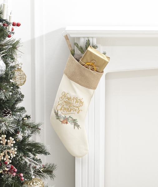 Gold and White Stocking hanging on mantle piece
