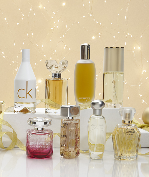 Array of Fragrances with a Christmas backdrop