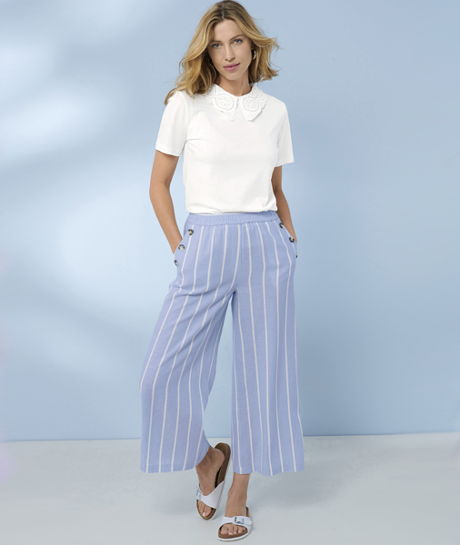 Detail collared white t-shirt with blue and white striped cropped linen trousers