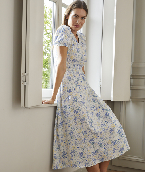 Blue floral print tea dress