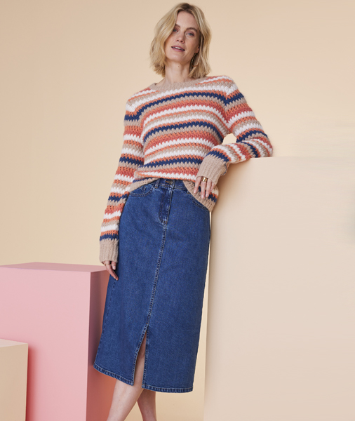 Balloon sleeve jumper with denim skirt